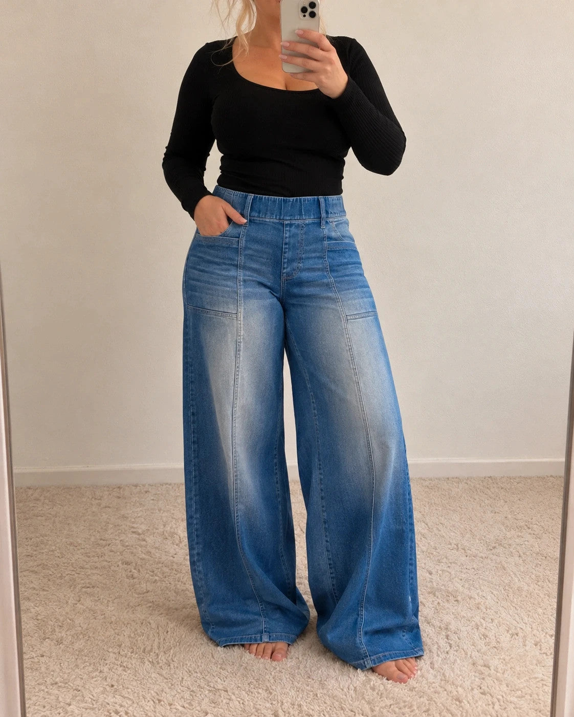 SheIn blue straight jeans with wide leg, high waist, and stretchy material.
