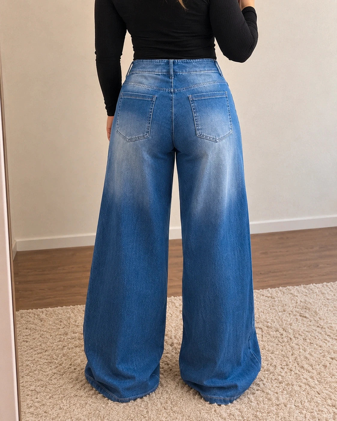 SheIn blue straight jeans with wide leg, high waist, and stretchy material.