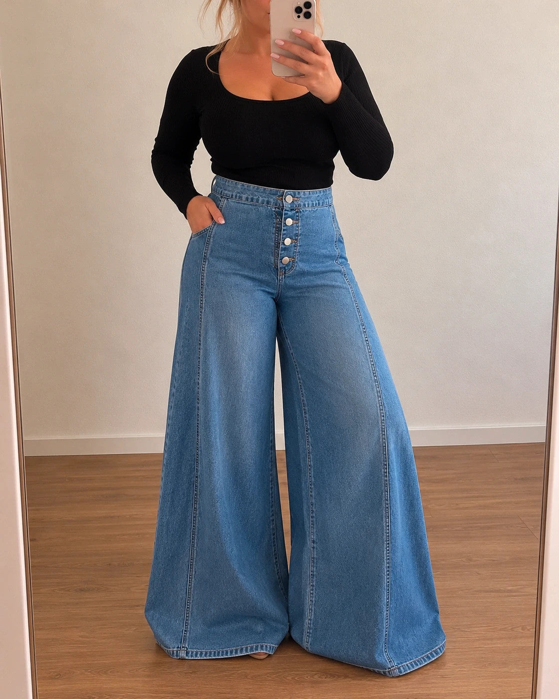 SheIn blue high-waist straight jeans with wide palazzo legs and front button detail.