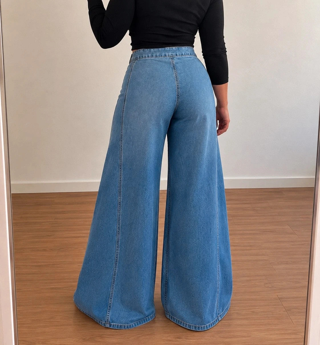 SheIn blue high-waist straight jeans with wide palazzo legs and front button detail.