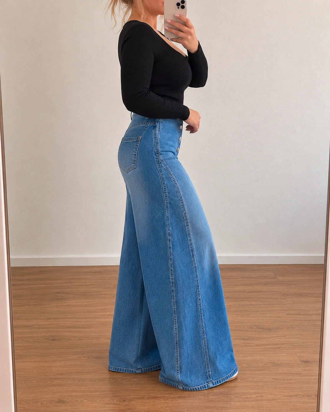 SheIn blue high-waist straight jeans with wide palazzo legs and front button detail.