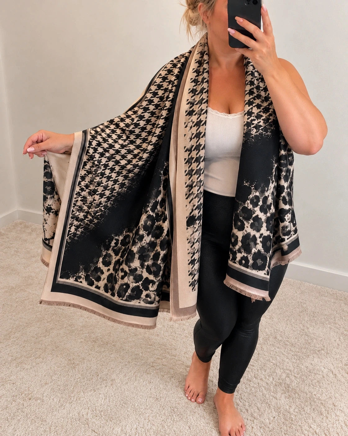 beige shawl black cream leopard print houndstooth pattern with decorative fringes