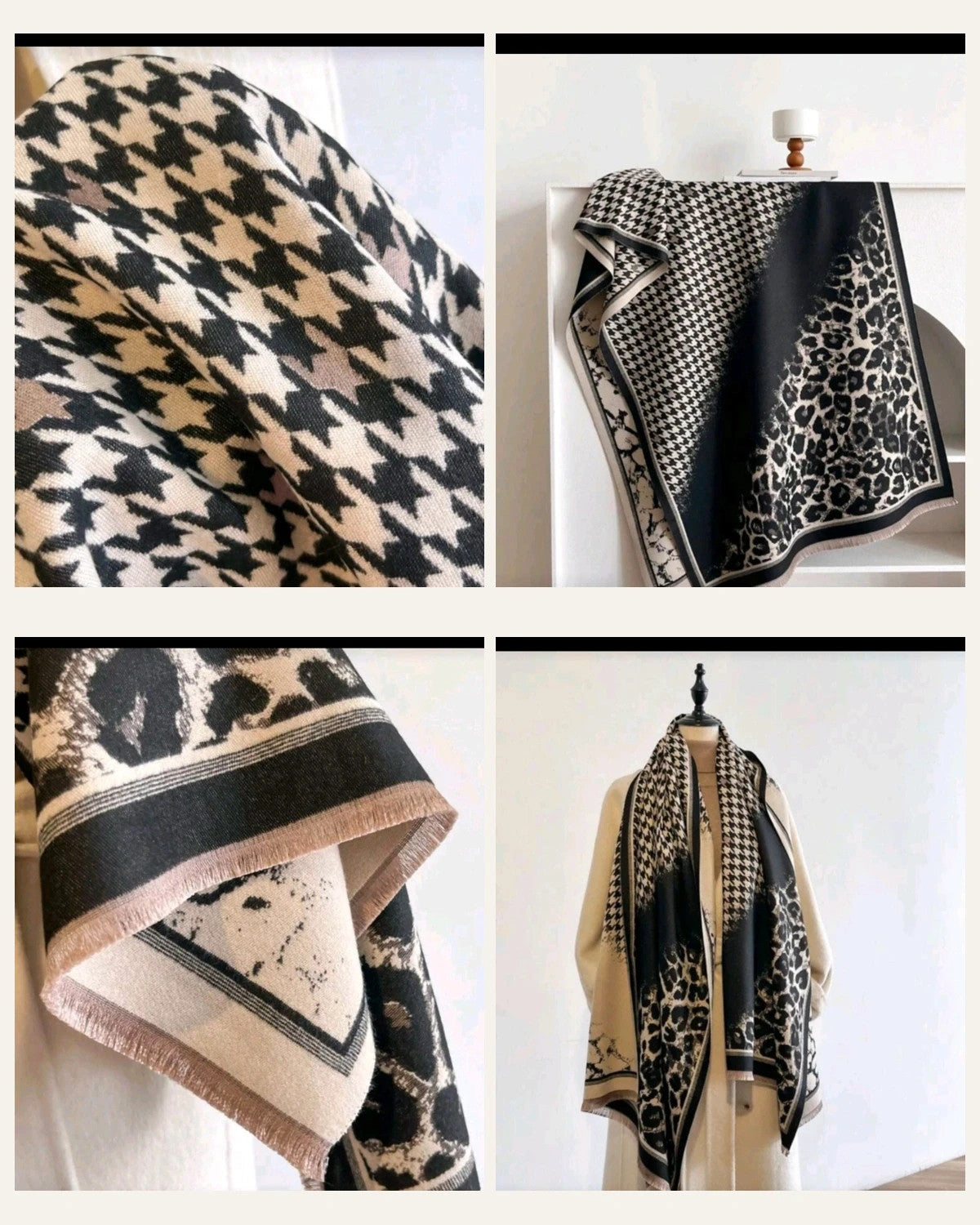 beige shawl black cream leopard print houndstooth pattern with decorative fringes