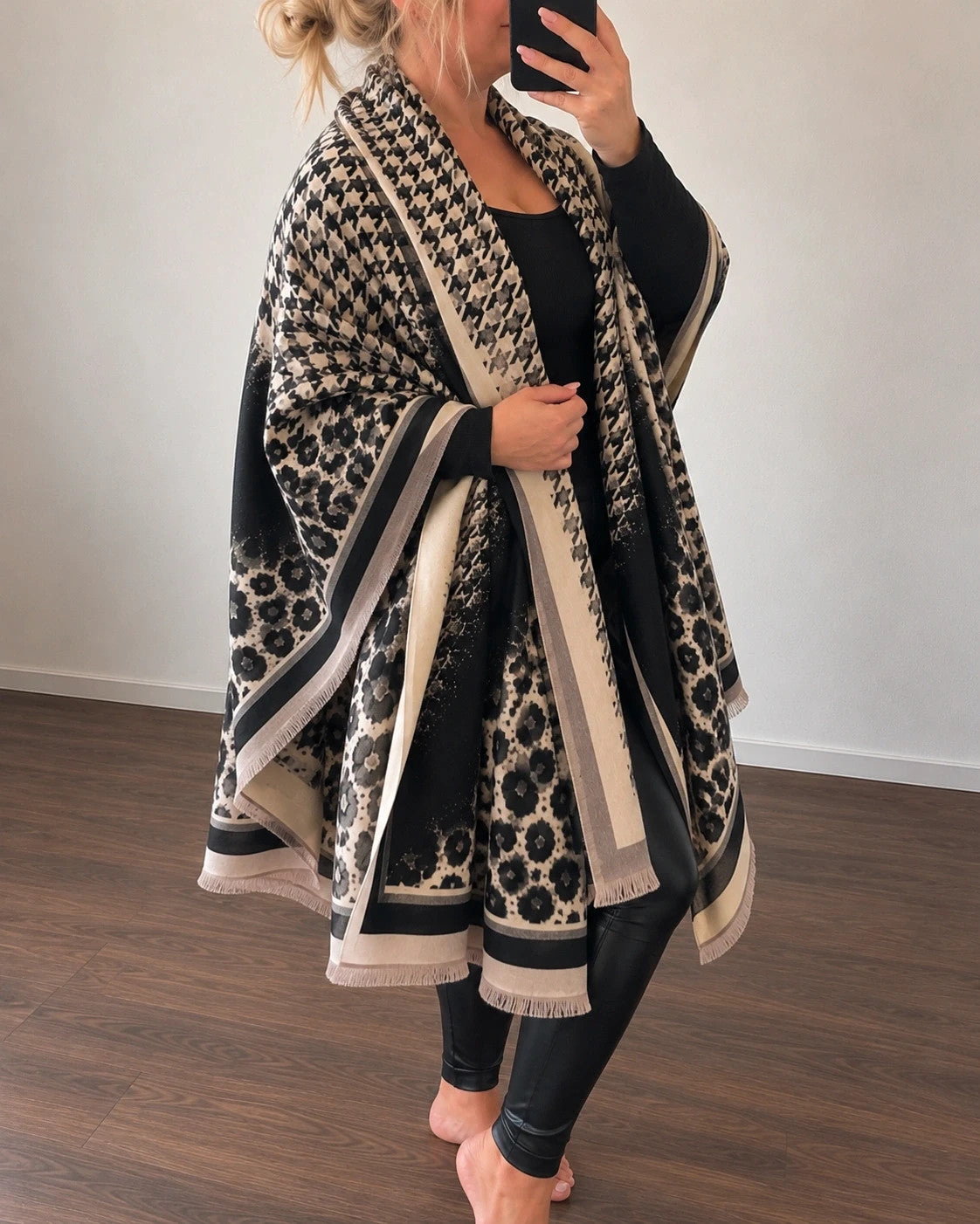 beige shawl black cream leopard print houndstooth pattern with decorative fringes