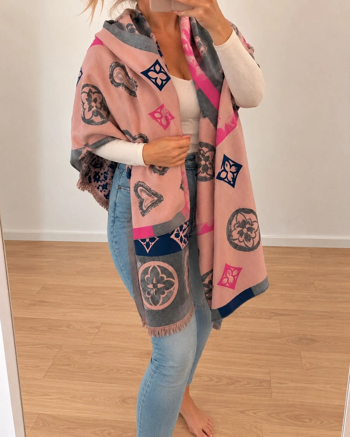 ALS shawl grey pink heart and floral pattern with decorative fringes