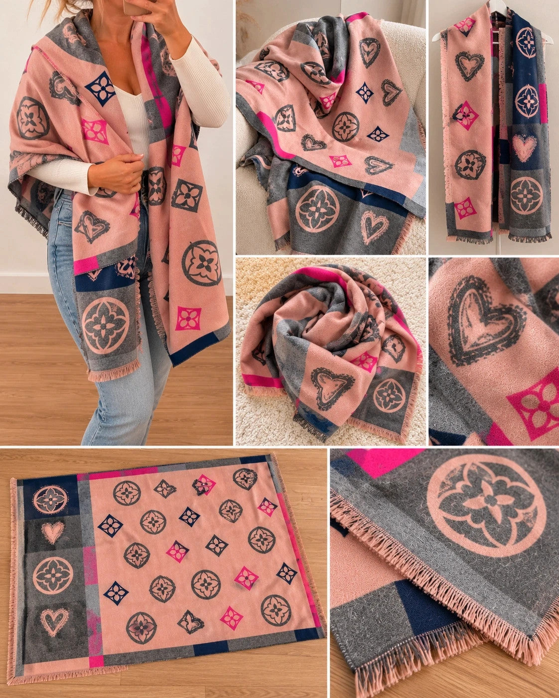 ALS shawl grey pink heart and floral pattern with decorative fringes