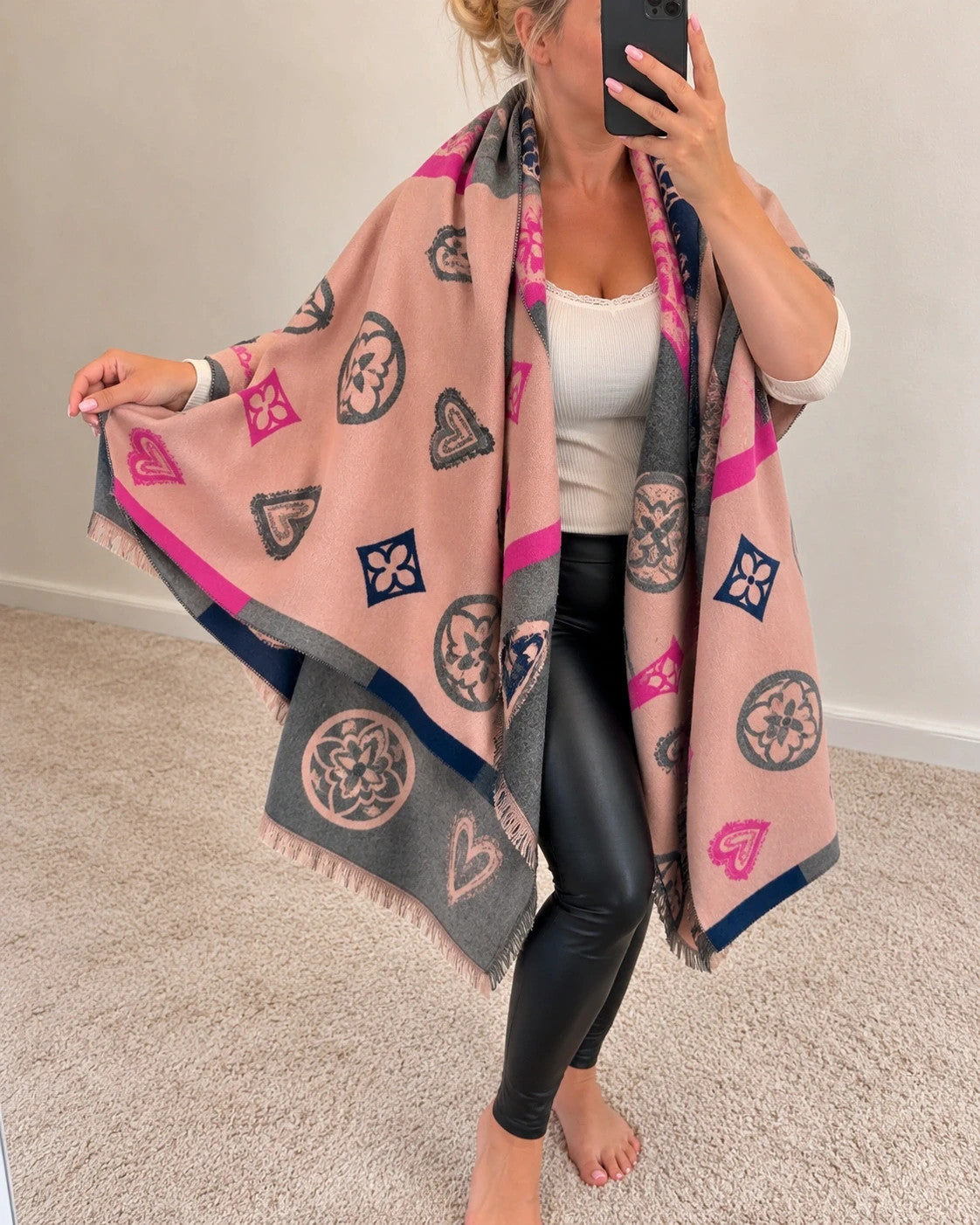 ALS shawl grey pink heart and floral pattern with decorative fringes