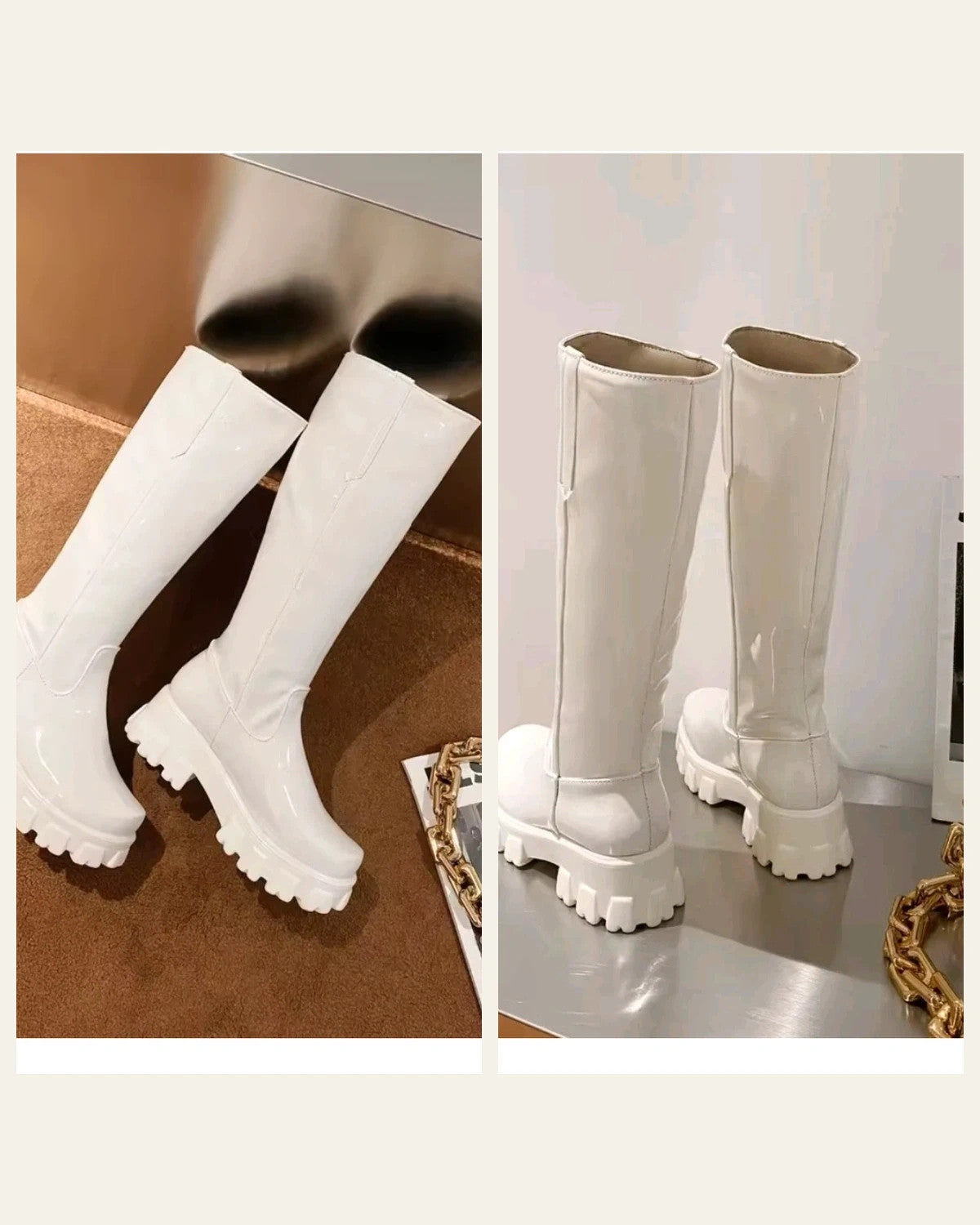 REI white knee-high glossy synthetic boots with chunky plateau sole, size 38.