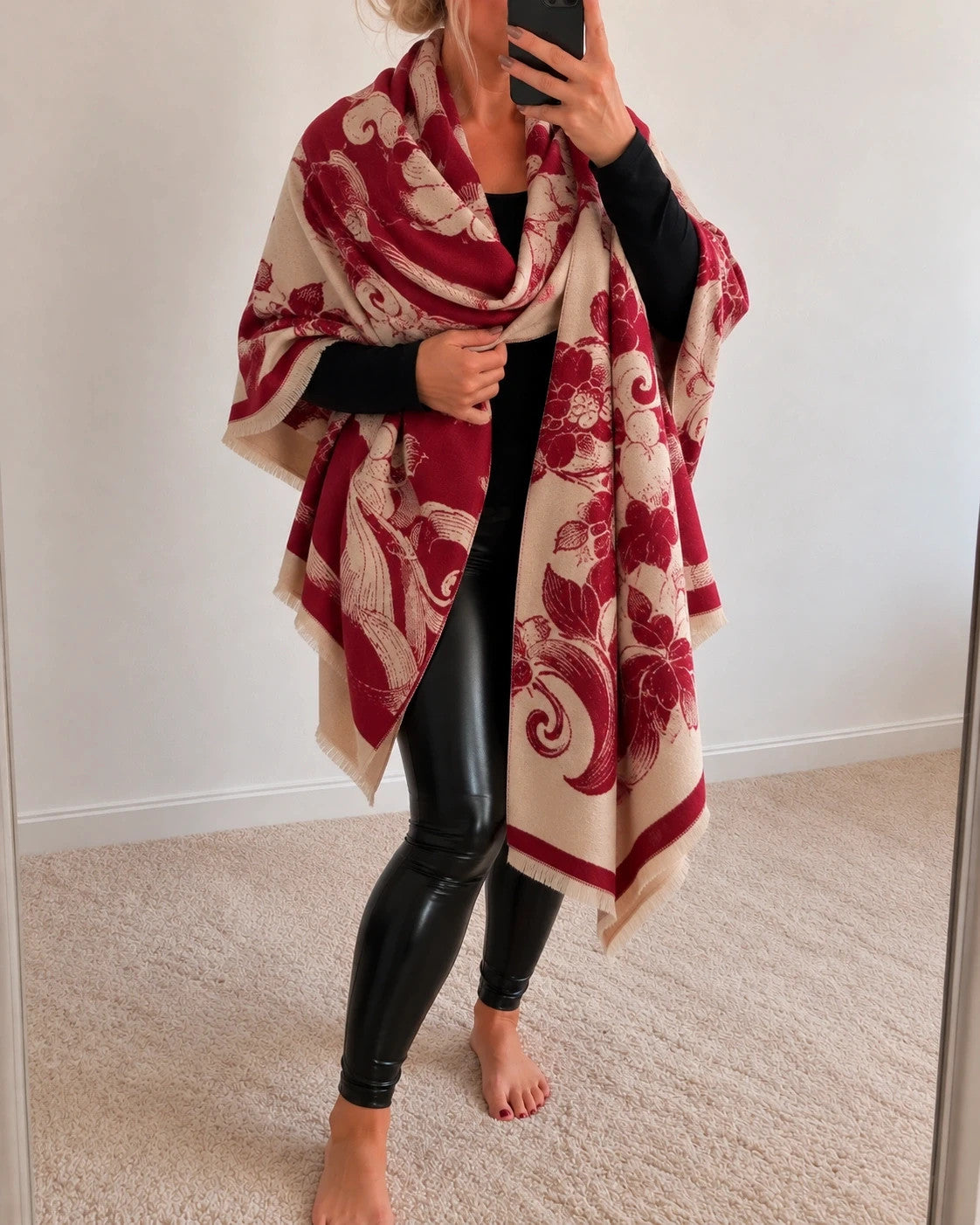 Bordeaux shawl beige and burgundy floral pattern with jacquard texture, reversible design.
