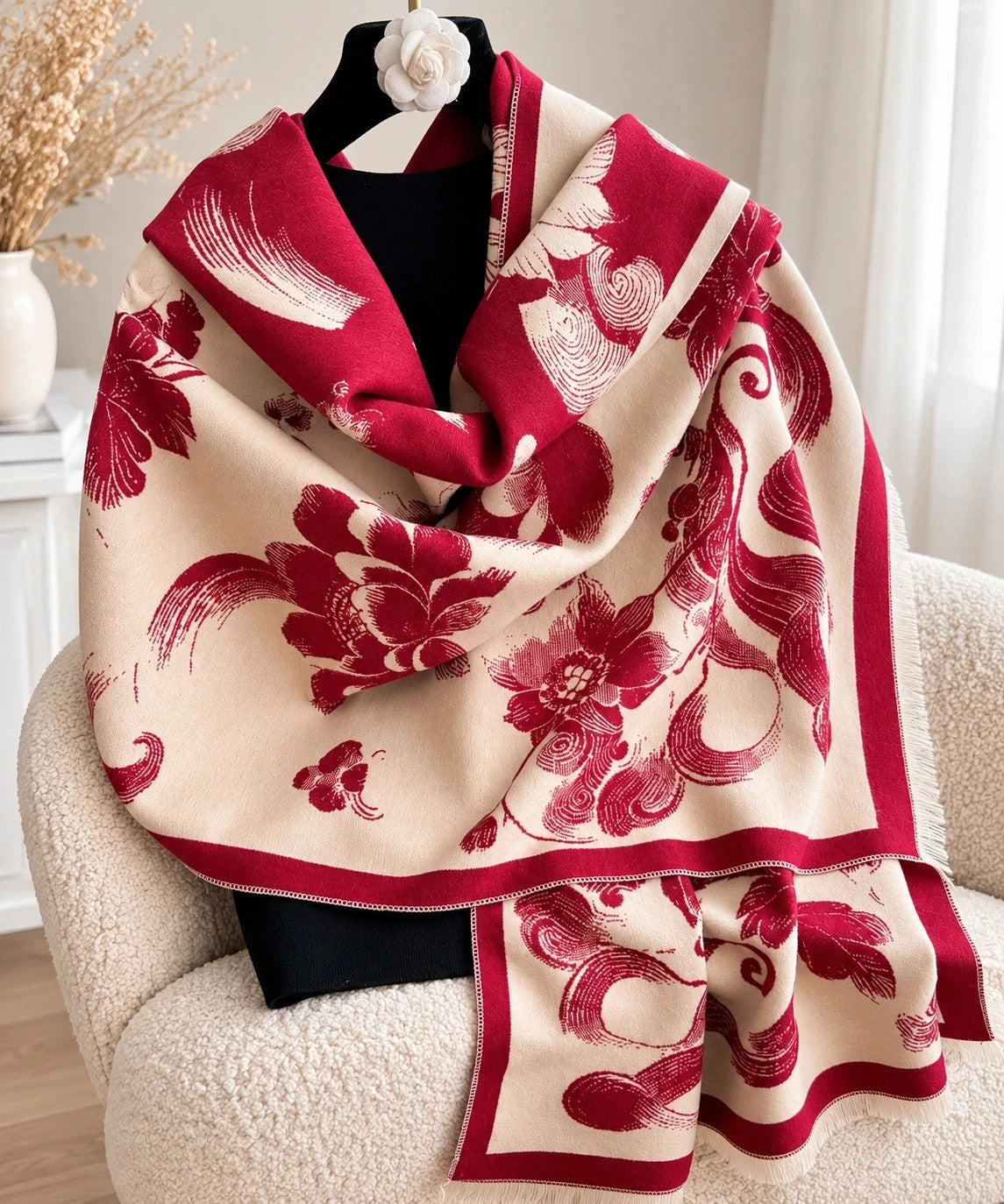 Bordeaux shawl beige and burgundy floral pattern with jacquard texture, reversible design.