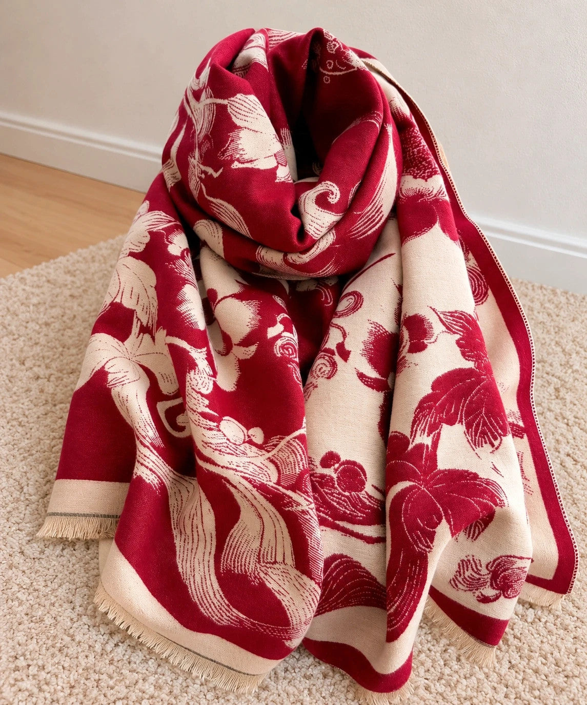 Bordeaux shawl beige and burgundy floral pattern with jacquard texture, reversible design.