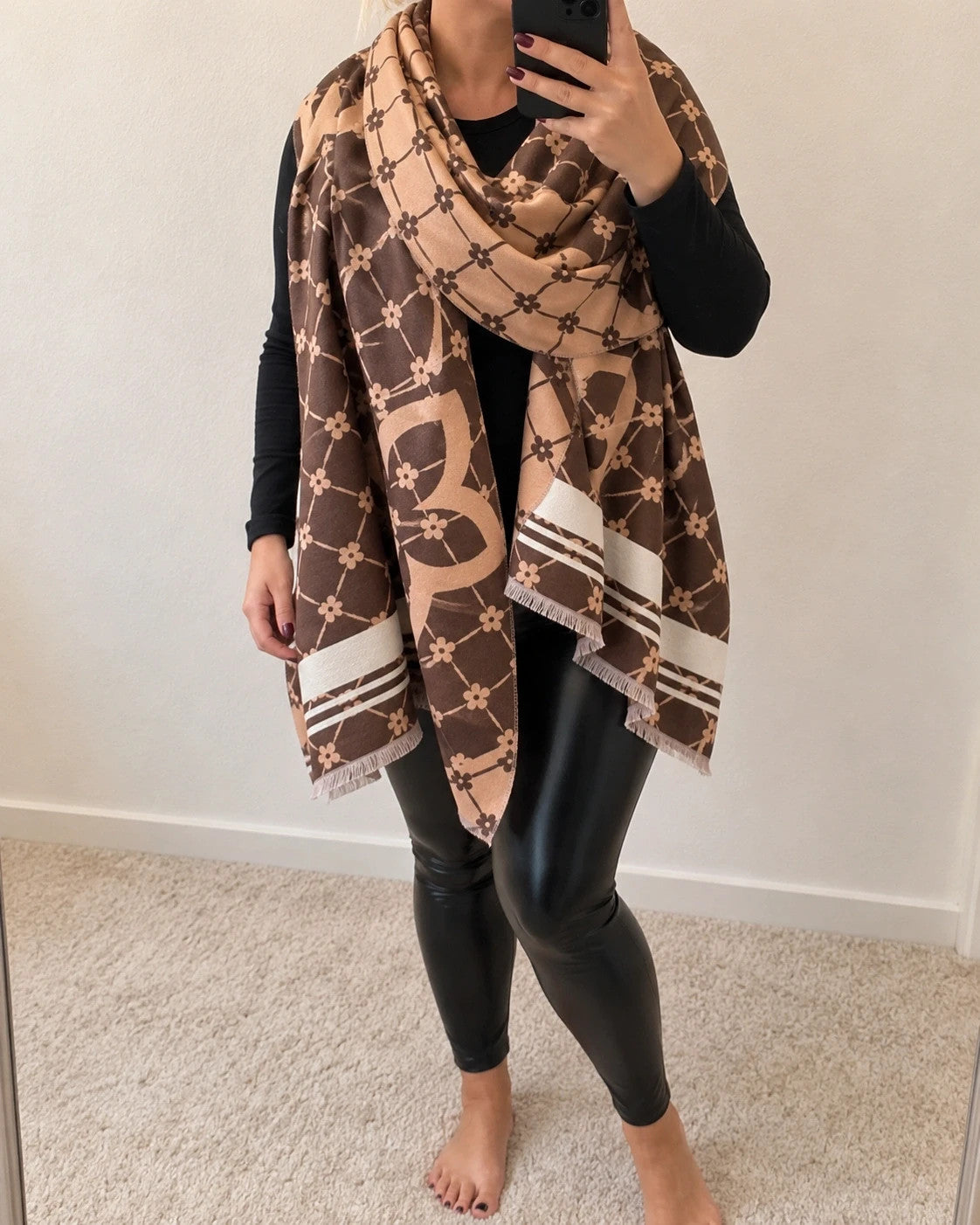 beige brown shawl floral pattern with decorative motifs and striped edges