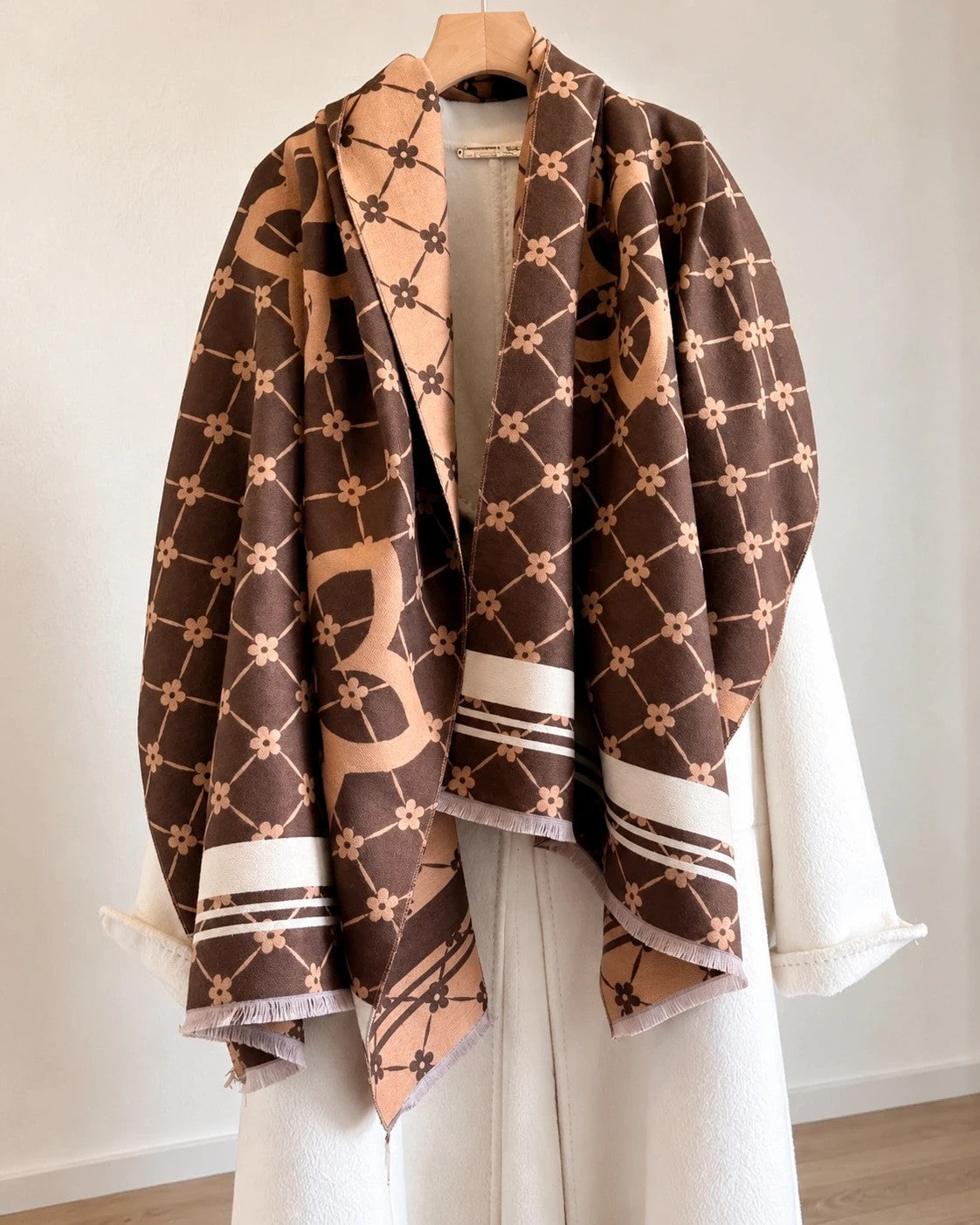 beige brown shawl floral pattern with decorative motifs and striped edges