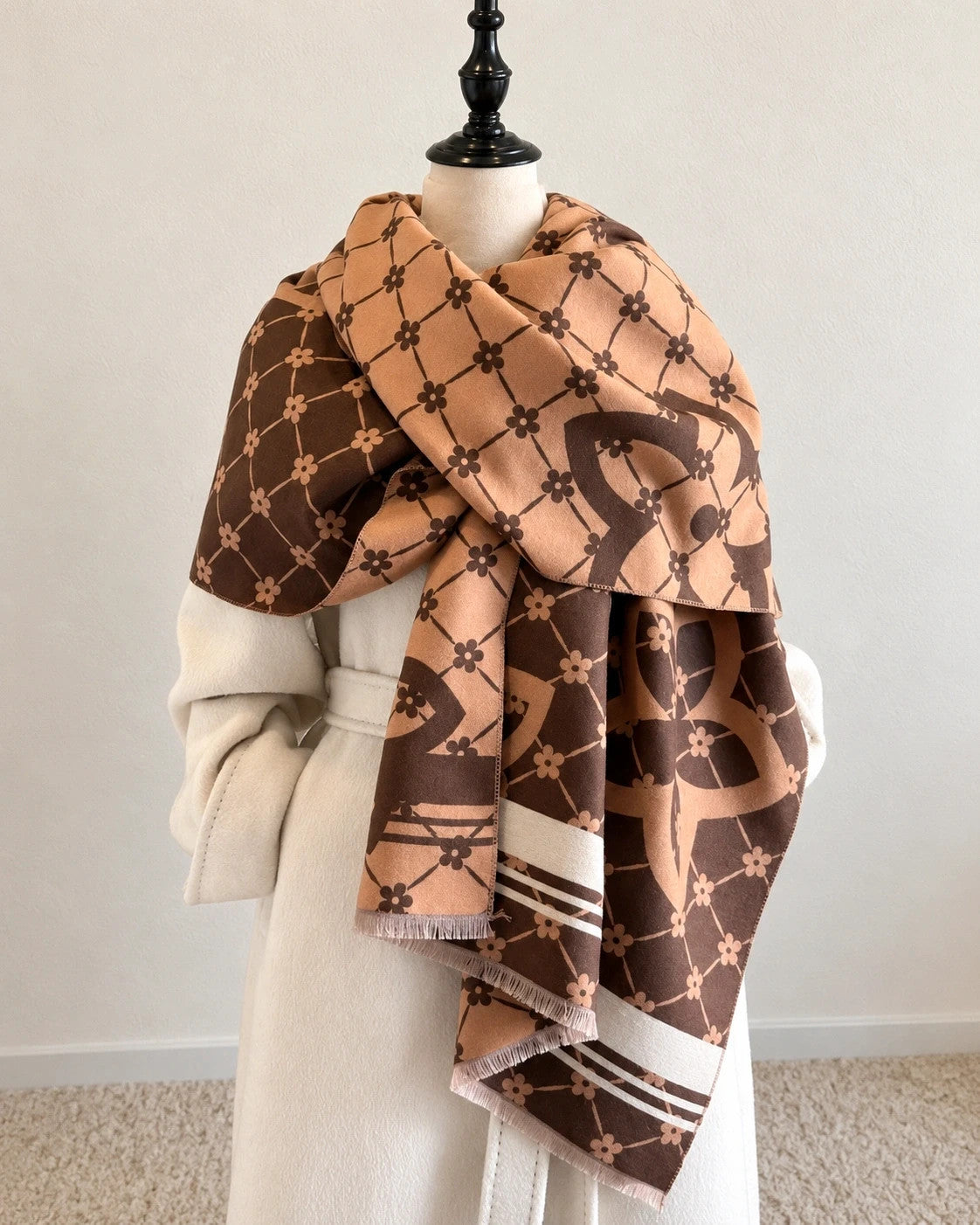 beige brown shawl floral pattern with decorative motifs and striped edges