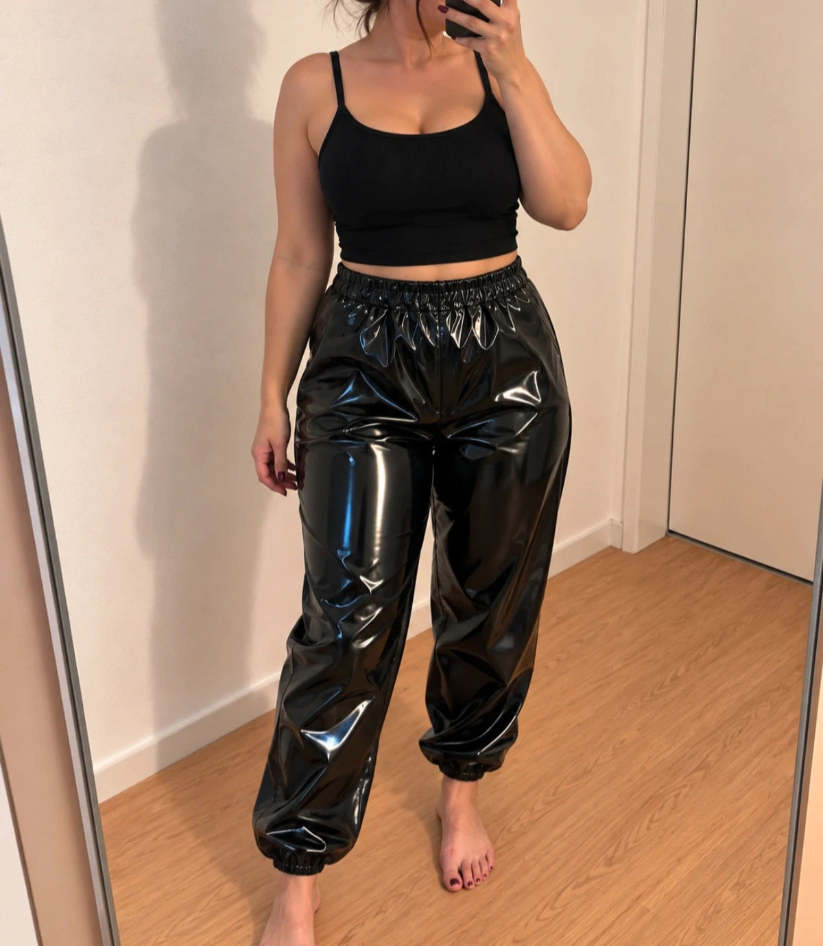 XXL black joggers shiny PU coating elastic waistband casual fit
