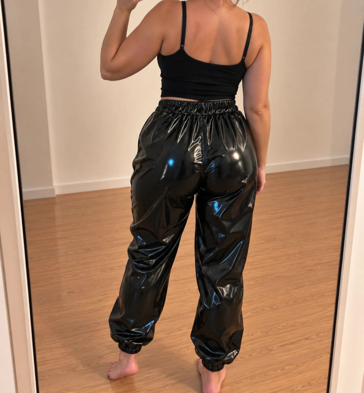 XXL black joggers shiny PU coating elastic waistband casual fit
