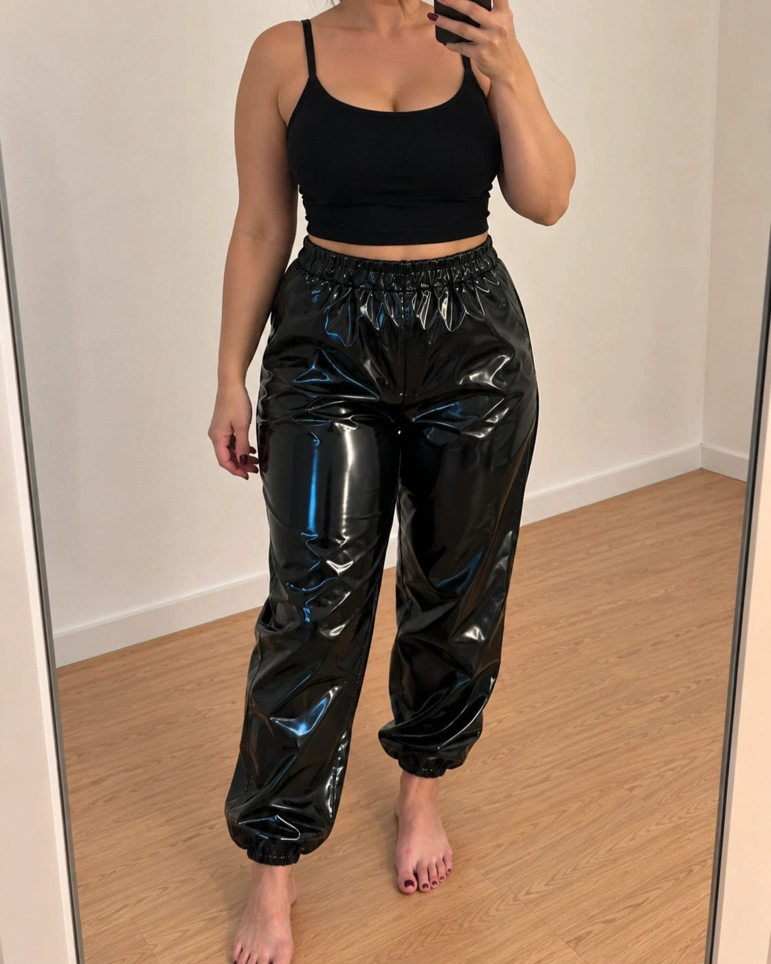 XXL black joggers shiny PU coating elastic waistband casual fit