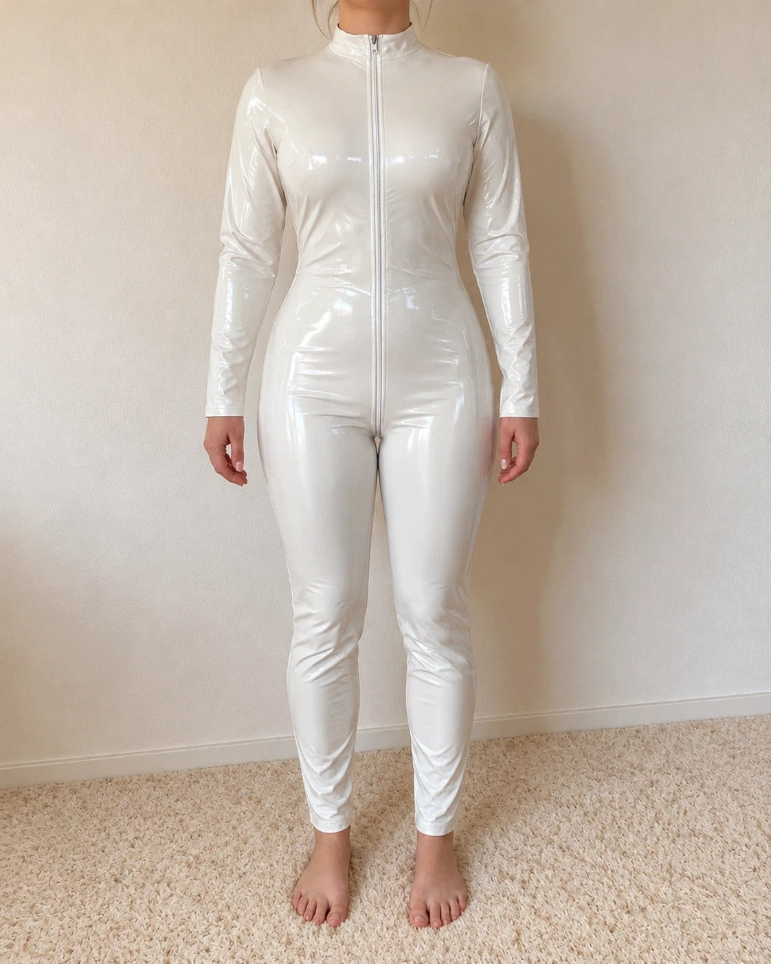 XXL white jumpsuit with long sleeves, high collar, and smooth coated finish.