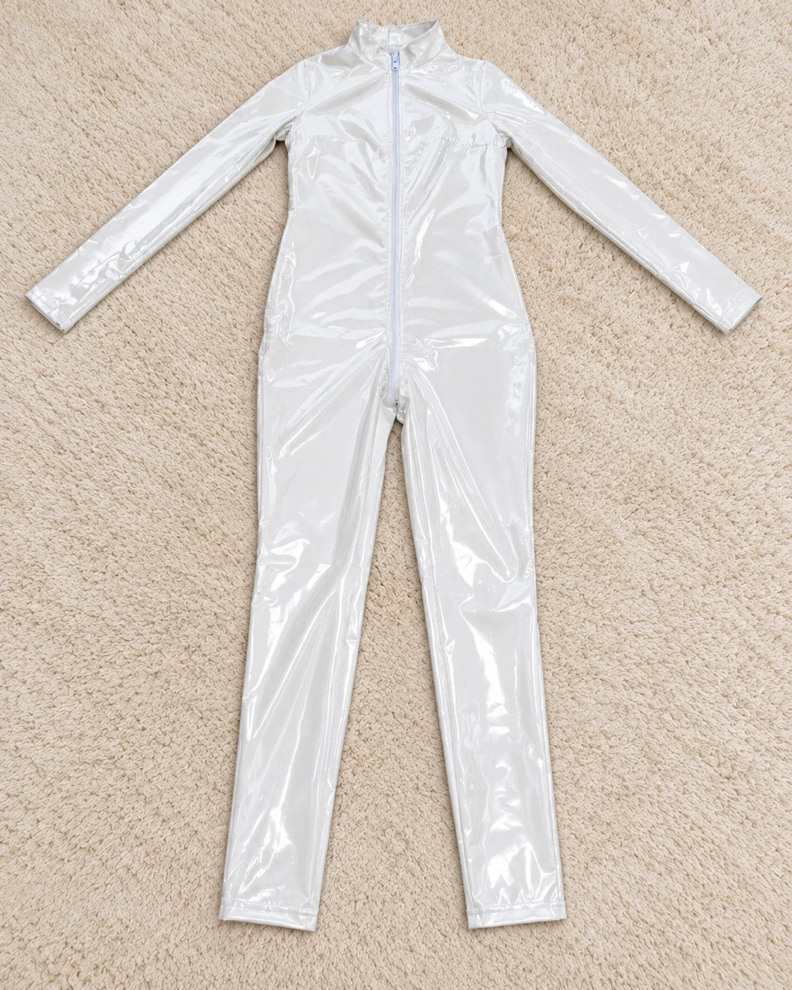 XXL white jumpsuit with long sleeves, high collar, and smooth coated finish.