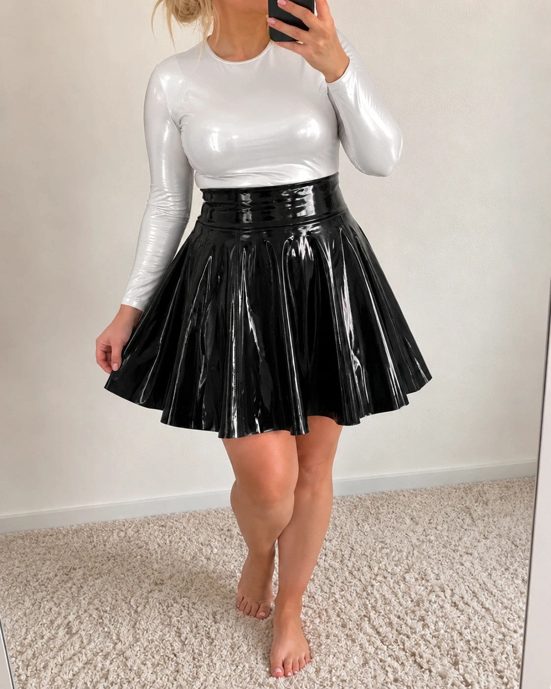 Che black mini skirt high waist glossy finish wide flared cut with back zipper