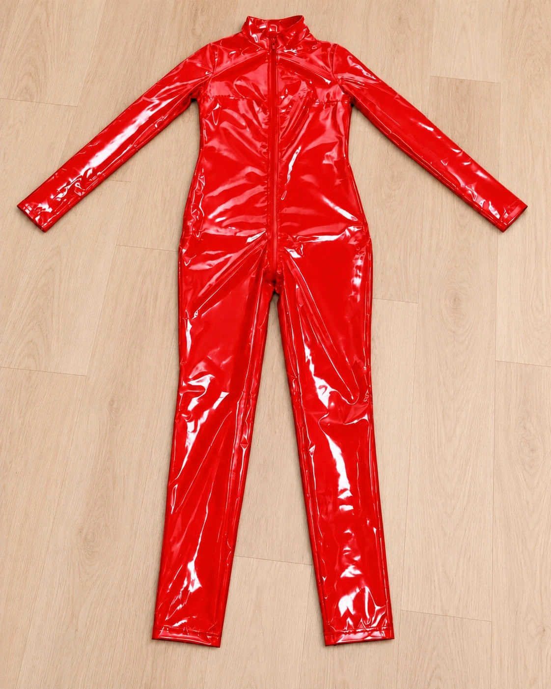 XXL red jumpsuit with long sleeves, fitted silhouette, and small stand-up collar.