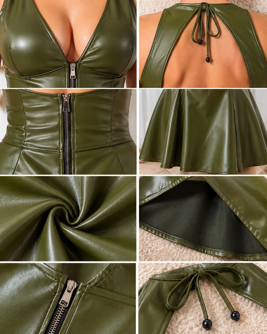 XXL green bandage dress with wetlook finish, deep V-neck, and open back design.