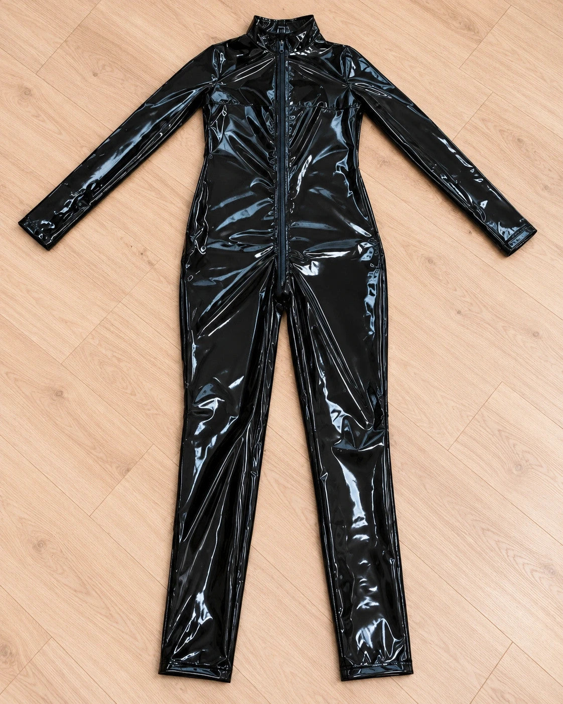 XXL black jumpsuit long sleeves fitted design with high collar and elegant silhouette