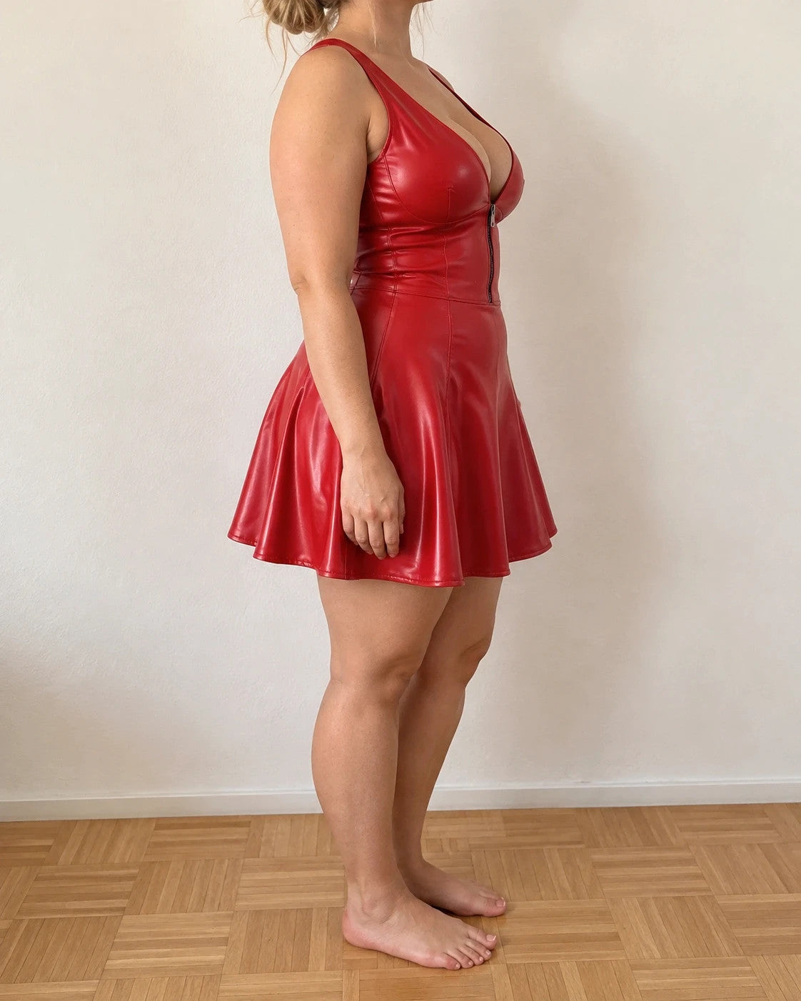 REI red bandage dress faux leather deep V-neck front zipper open back with bow