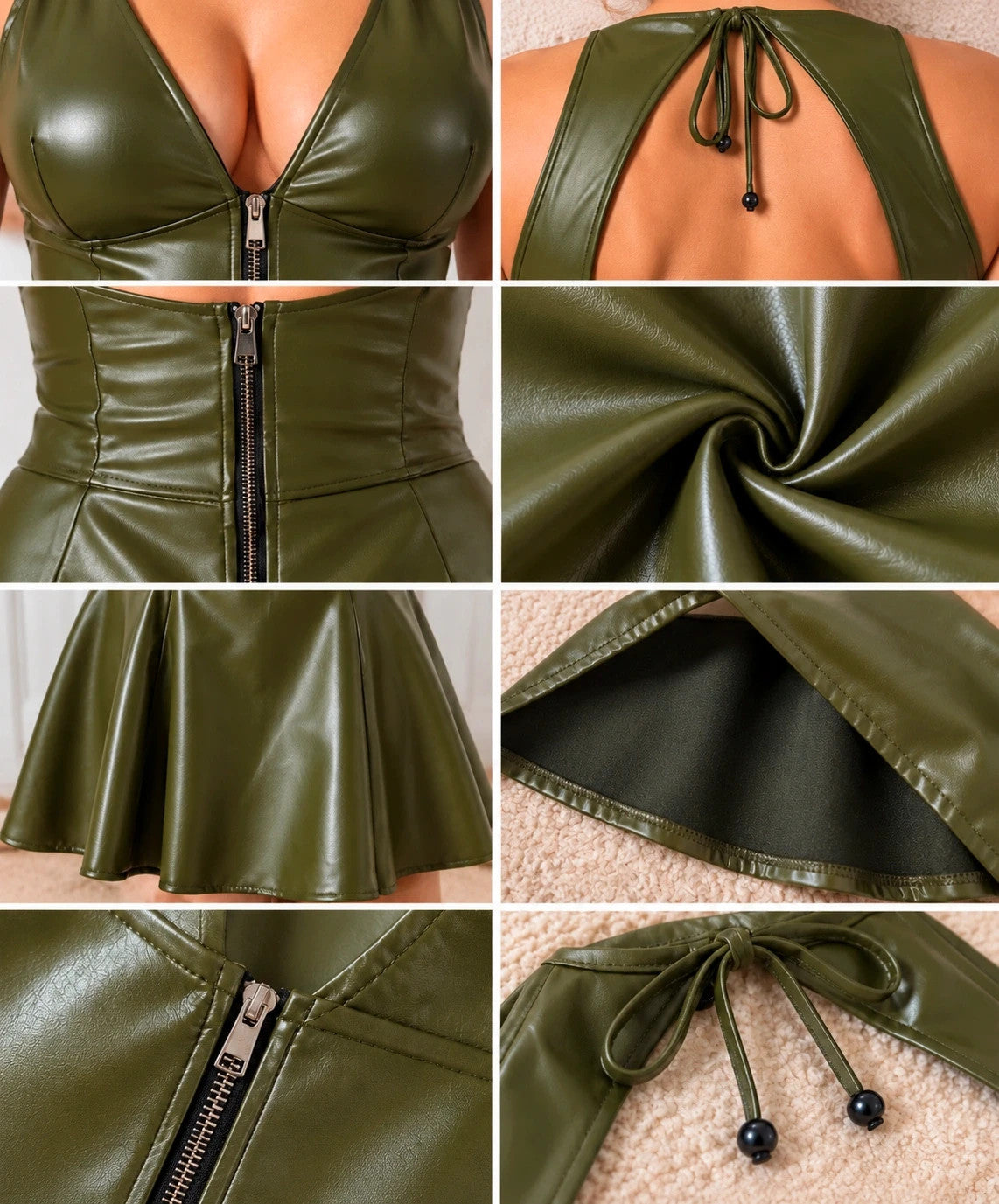 XXL green bandage dress with shiny faux leather, deep V-neck, open back, and zipper.