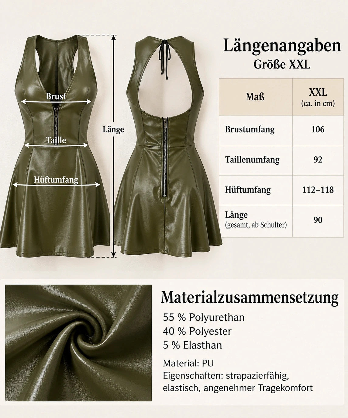 REI bandage dress green khaki faux leather, backless design with zipper and tie details.