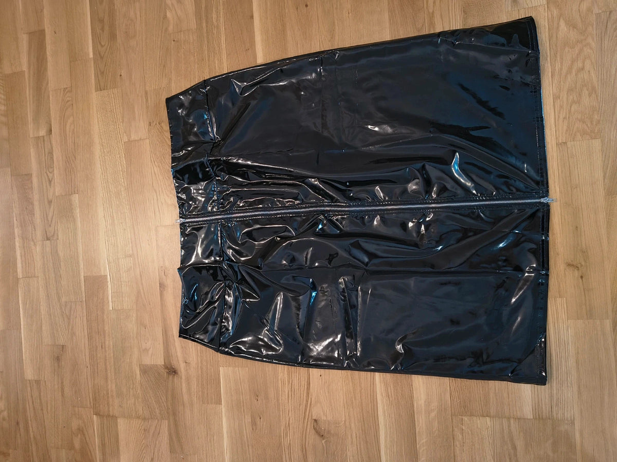 REI black wetlook midi skirt high waist with shiny finish and back zipper.