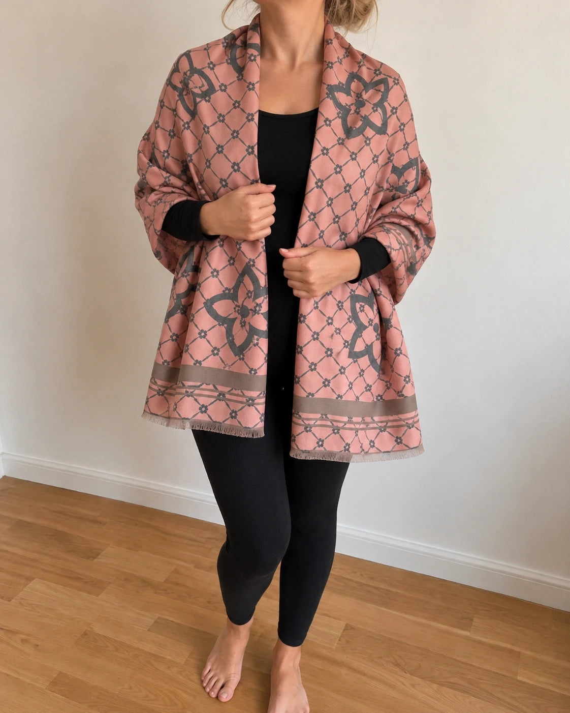 Muster shawl grey pink floral pattern reversible with fringed ends and decorative border.