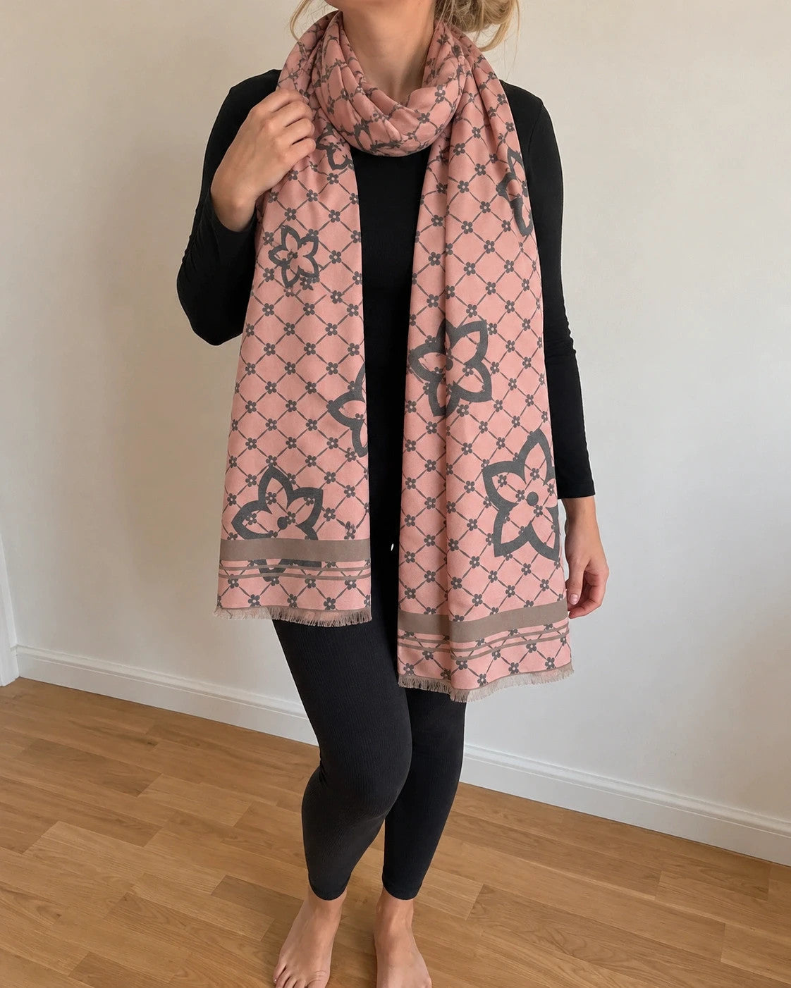 Muster shawl grey pink floral pattern reversible with fringed ends and decorative border.