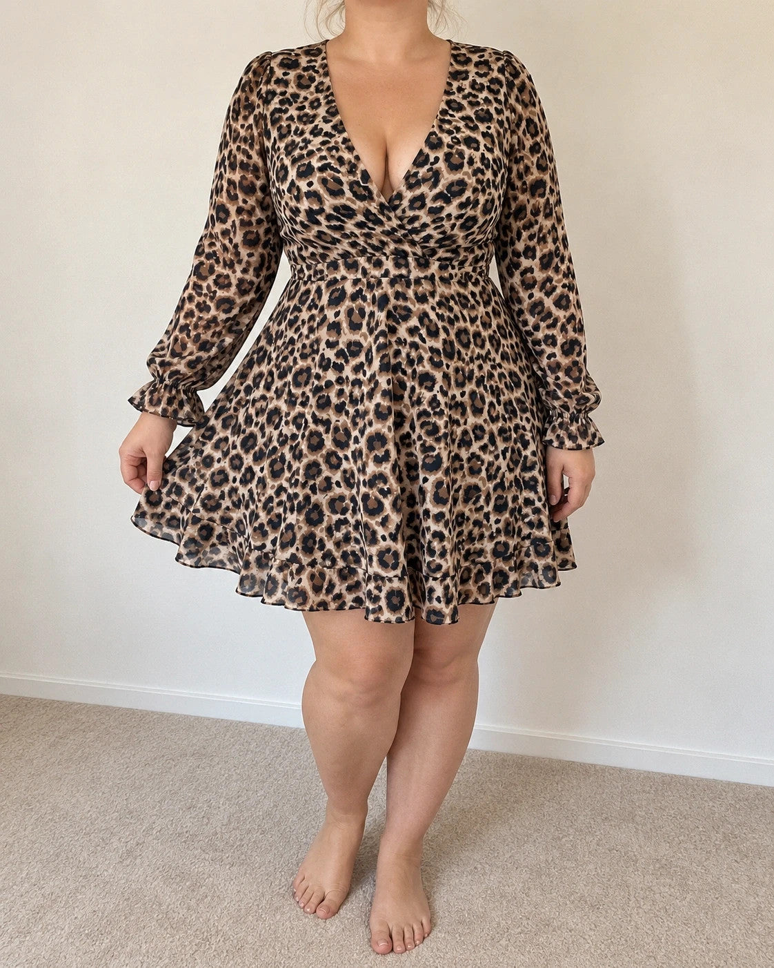 Braun bandage dress beige brown leopard print deep V-neck long sleeves with ruffle cuffs