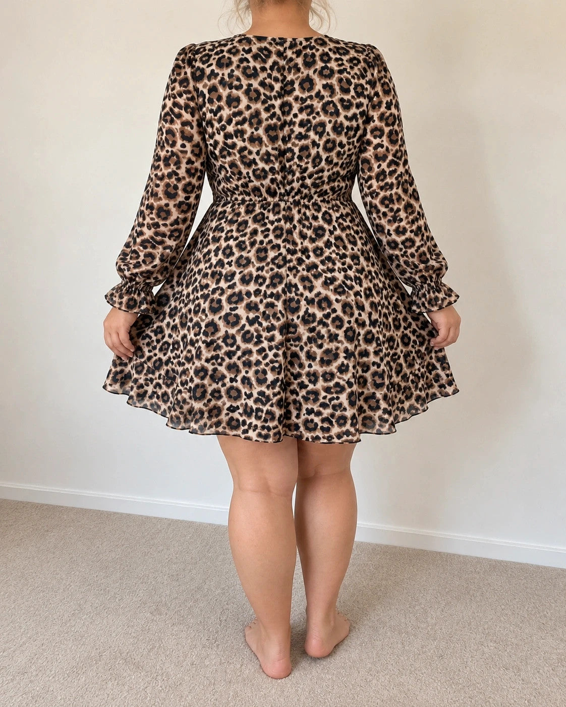 Braun bandage dress beige brown leopard print deep V-neck long sleeves with ruffle cuffs