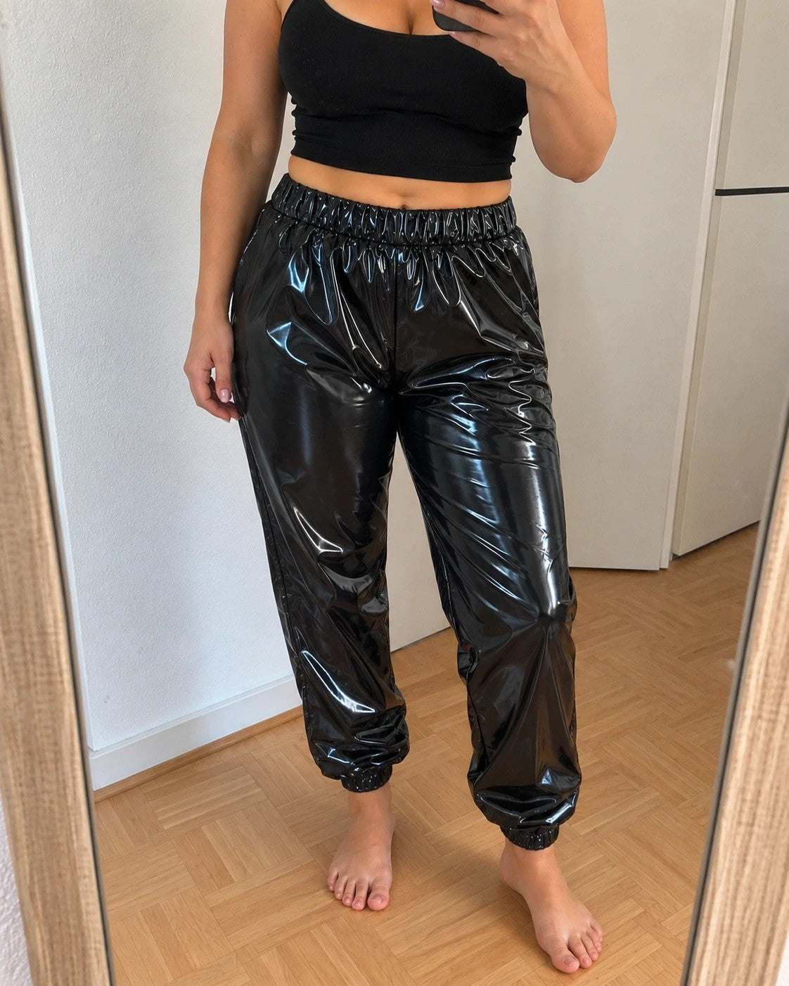 Che black joggers shiny wetlook finish elastic waistband and cuffs