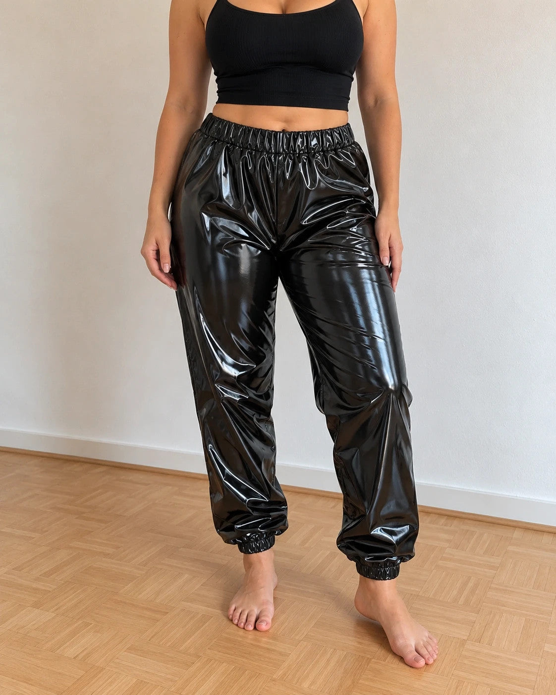 Che black joggers shiny wetlook finish elastic waistband and cuffs