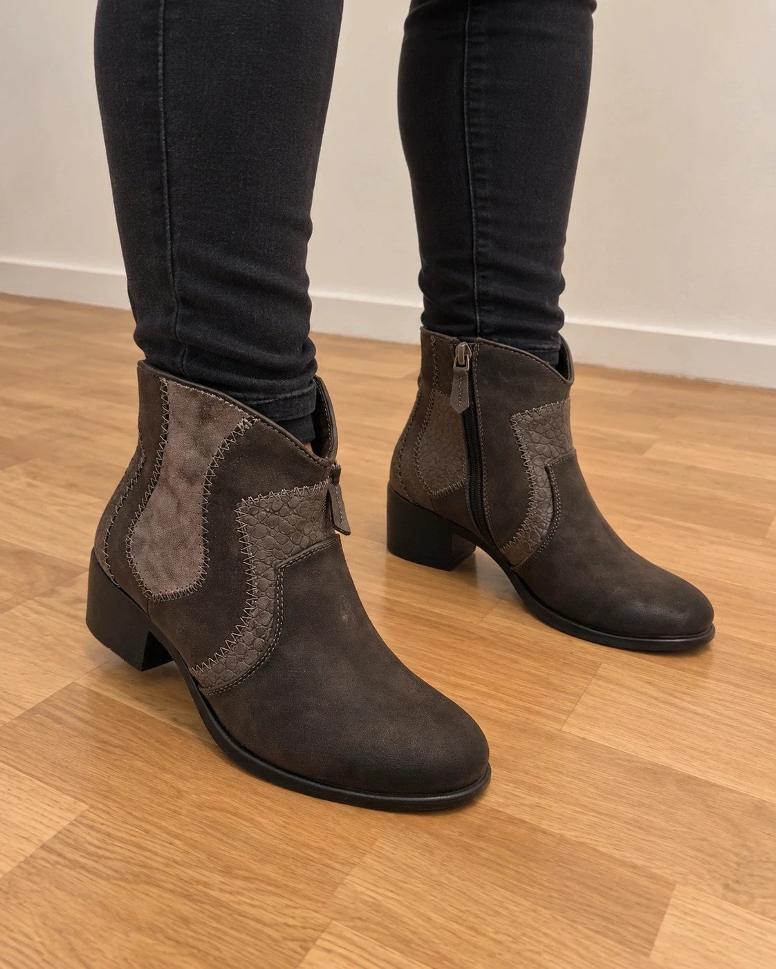 REI grey ankle boots faux leather decorative stitching block heel side zipper