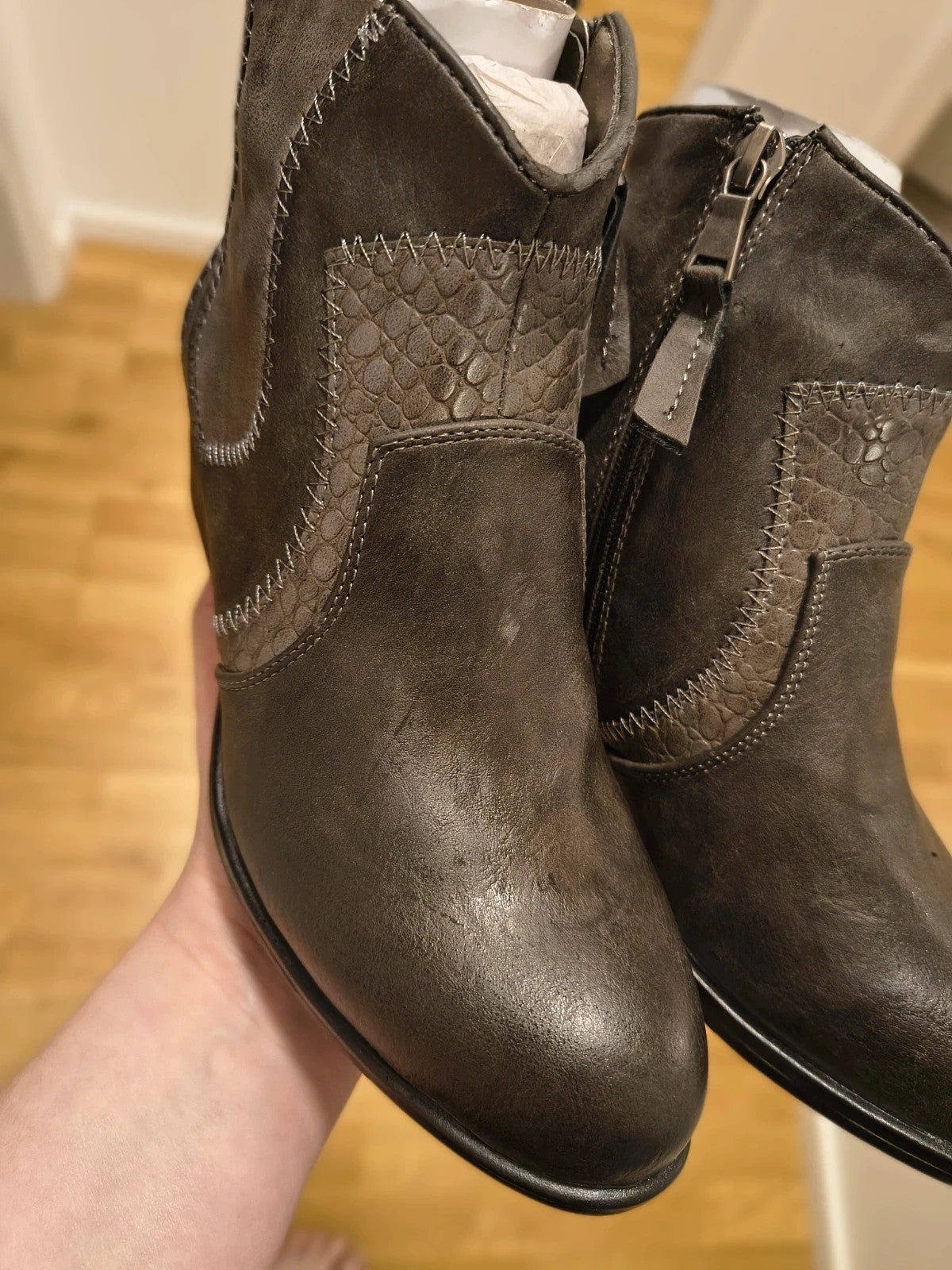 REI grey ankle boots faux leather decorative stitching block heel side zipper