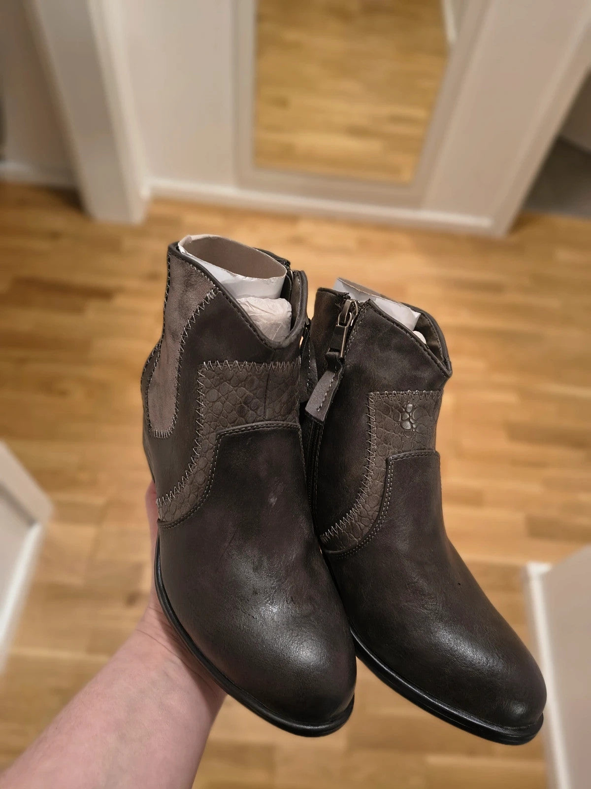 REI grey ankle boots faux leather decorative stitching block heel side zipper