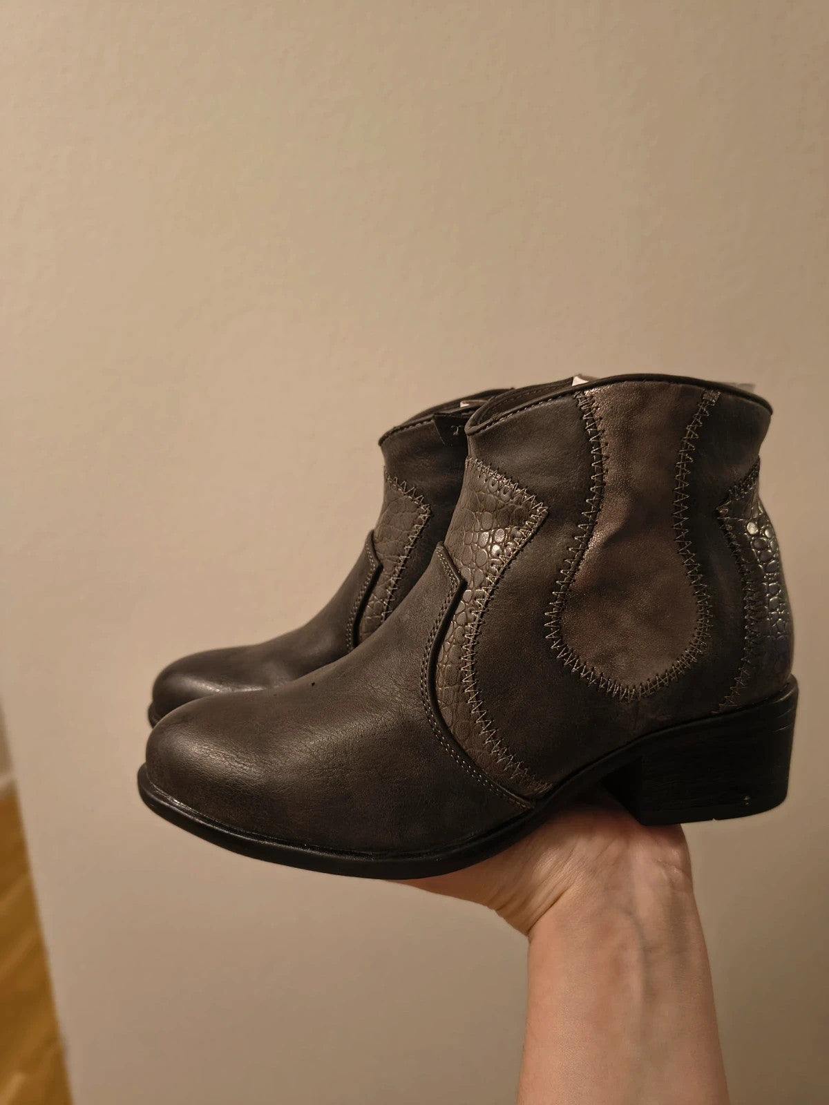 REI grey ankle boots faux leather decorative stitching block heel side zipper