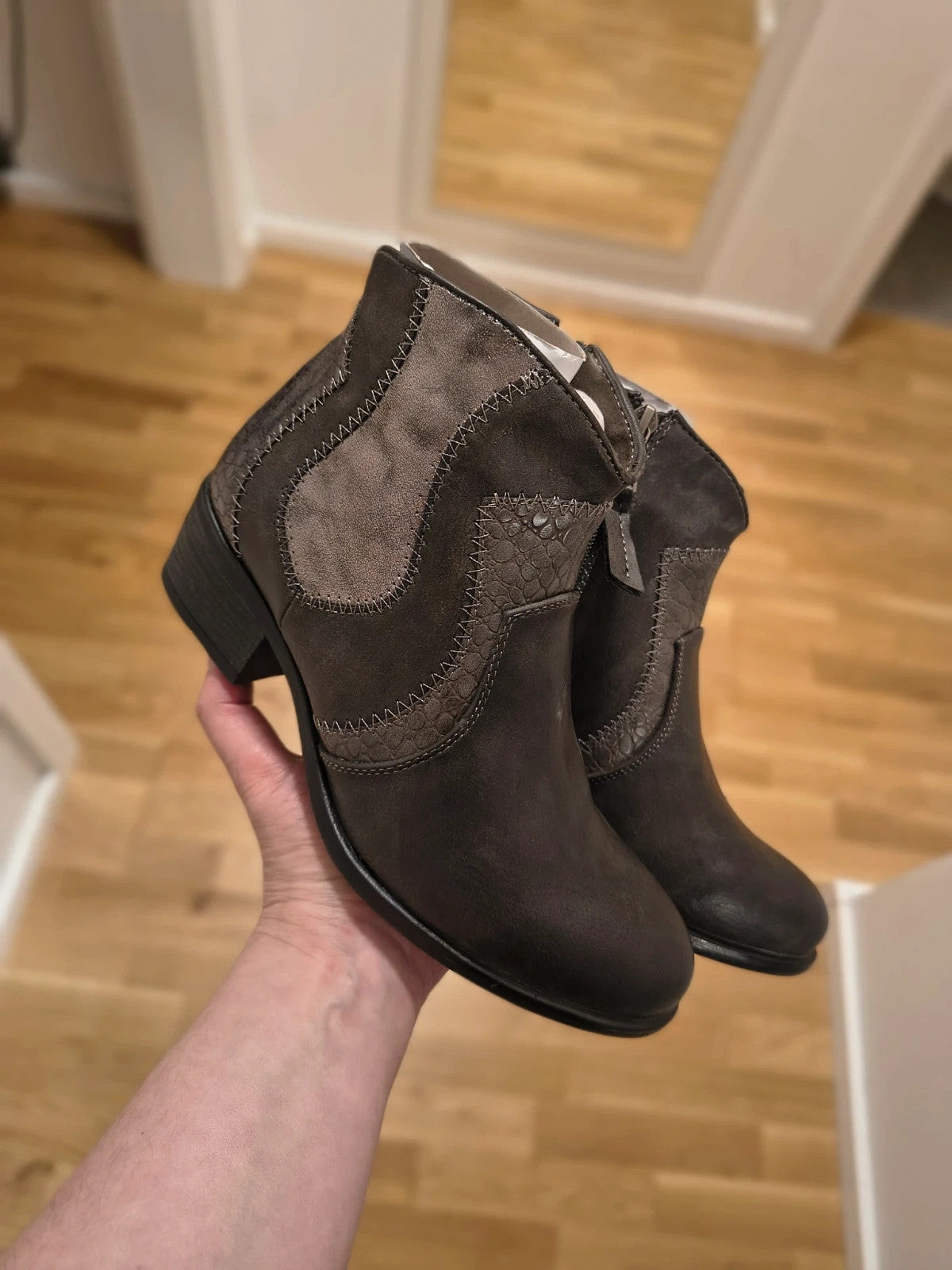 REI grey ankle boots faux leather decorative stitching block heel side zipper