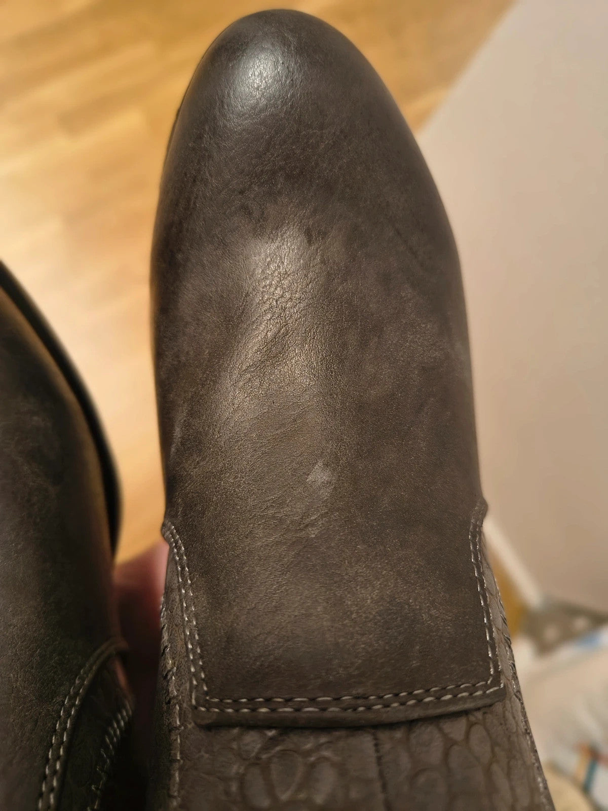 REI grey ankle boots faux leather decorative stitching block heel side zipper