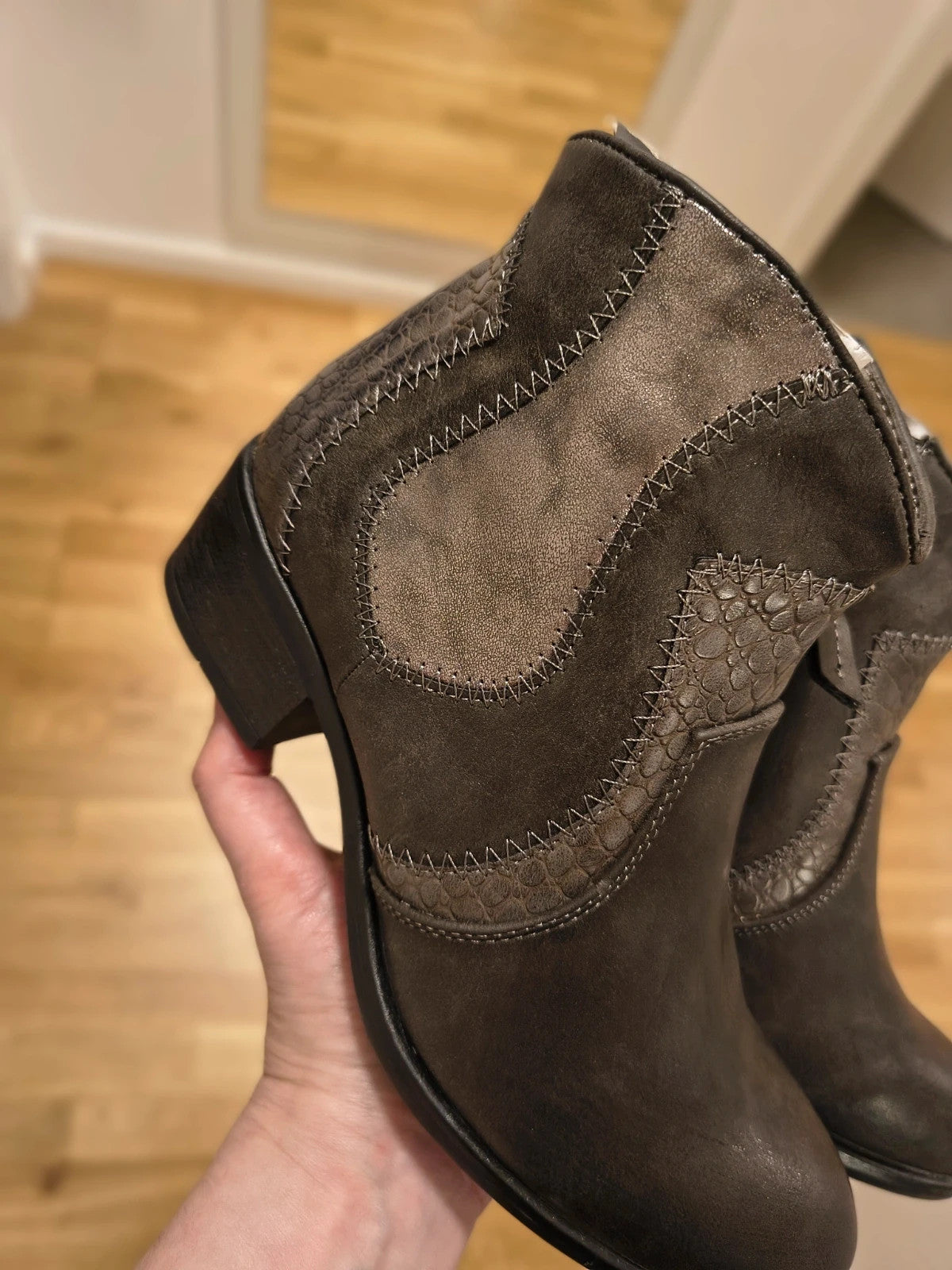 REI grey ankle boots faux leather decorative stitching block heel side zipper