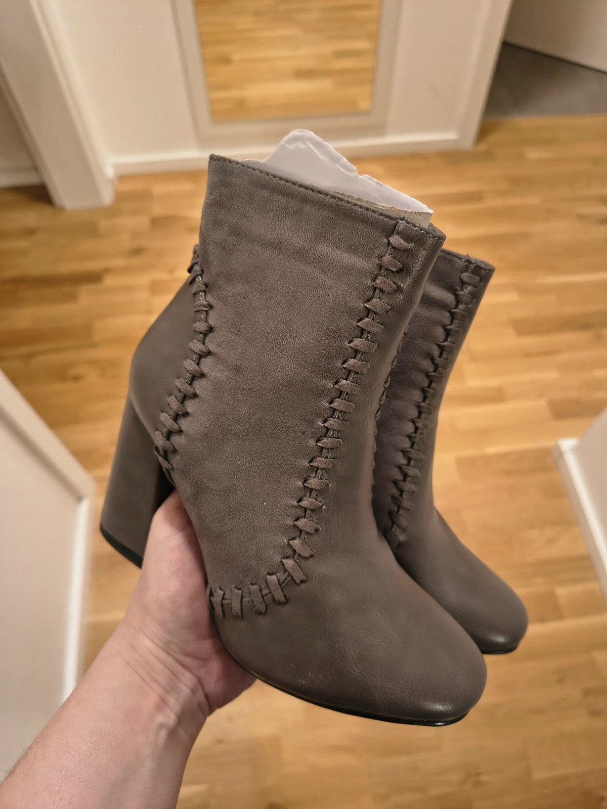 RandBe grey ankle boots faux leather decorative stitching block heel side zipper