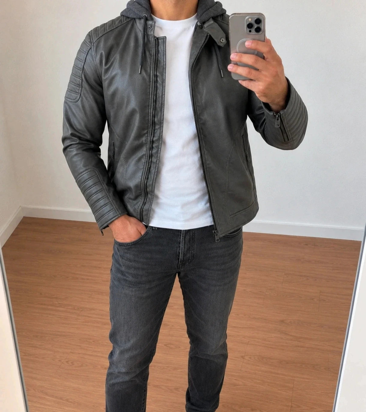 Indicode grey biker jacket with logo, padded hood, and quilted shoulder details.