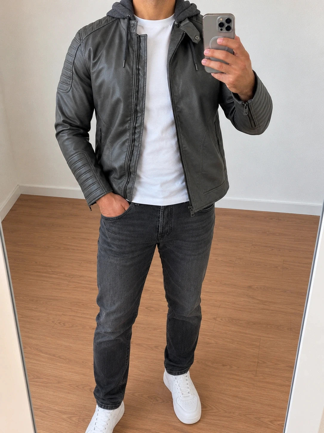 Indicode grey biker jacket with logo, padded hood, and quilted shoulder details.