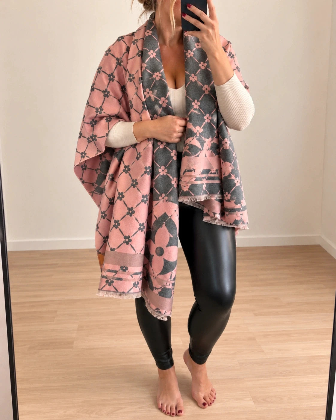 Nes grey and pink shawl floral pattern with decorative fringes, reversible design.