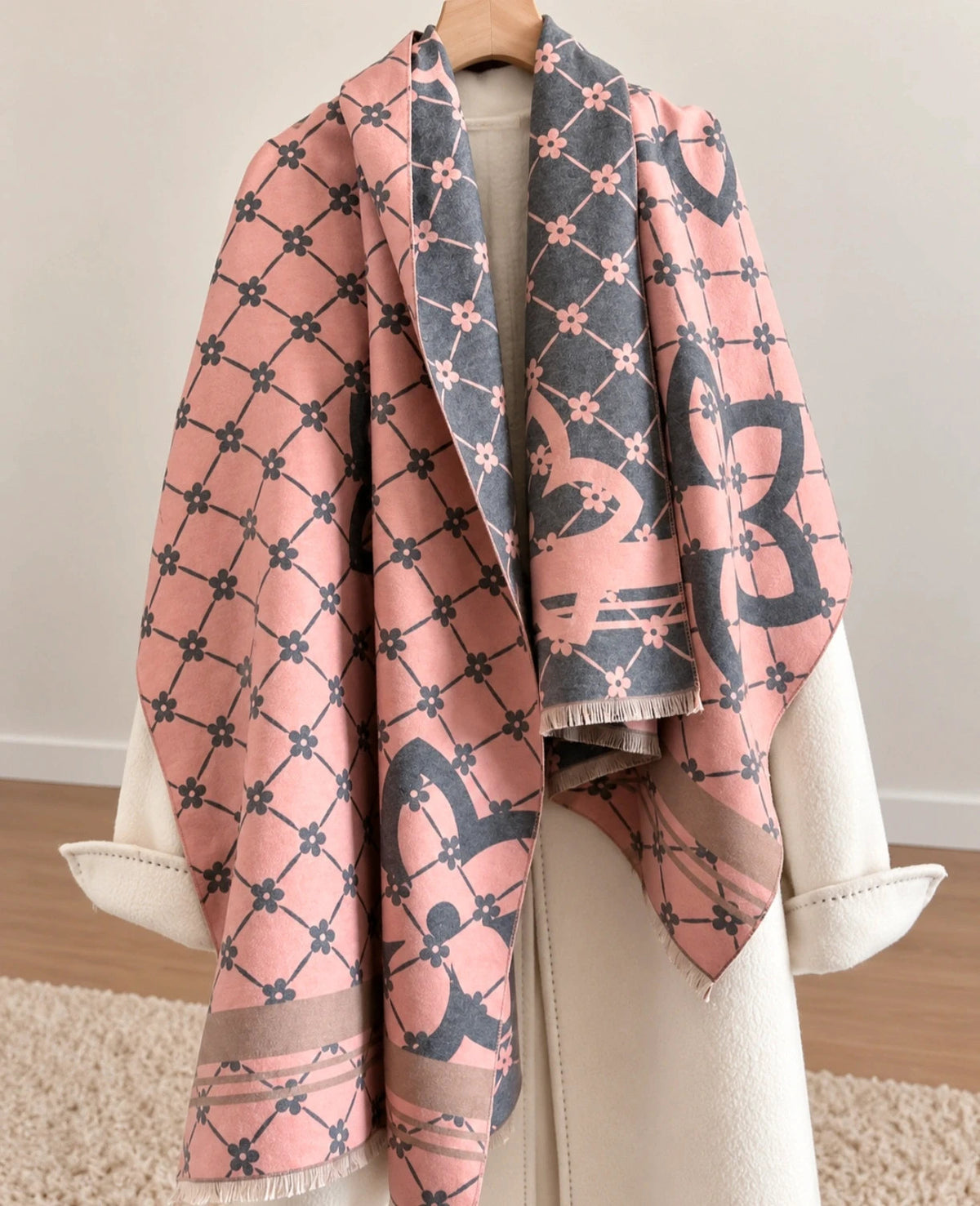 Nes grey and pink shawl floral pattern with decorative fringes, reversible design.