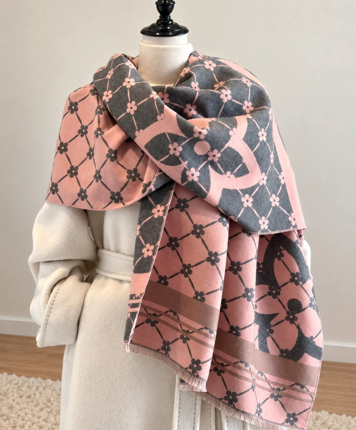 Nes grey and pink shawl floral pattern with decorative fringes, reversible design.